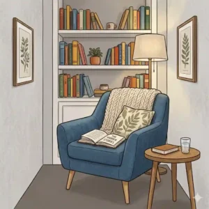 A cozy reading nook illustration featuring a comfortable modern accent chair paired with a floor lamp and a small bookshelf.