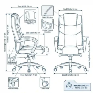 Graphic illustration detailing the seat height, width, and weight capacity dimensions of the executive leather office chair.