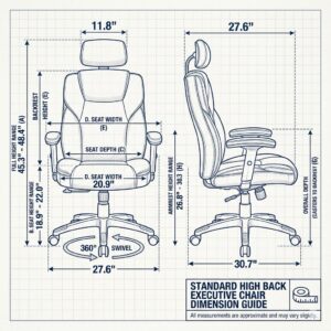 Measurement guide for a standard high back executive office chair.