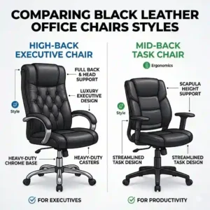 Comparison of high-back and mid-back styles available in our black leather office chairs.