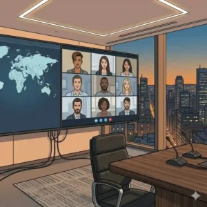 "An illustrative view focusing on the sophisticated custom LED lighting and premium wood finishes in a modern executive board room with black chairs."