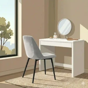 A sleek minimalist vanity chair with thin black legs, perfect as functional modern bedroom chairs.