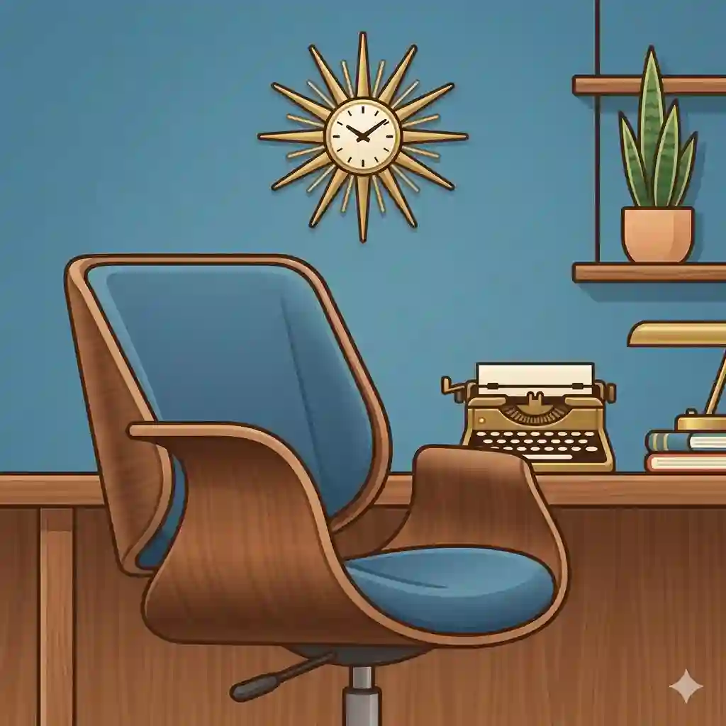 A retro workspace featuring a wooden desk and a classic mid century modern office chairs setup against a minimalist wall.