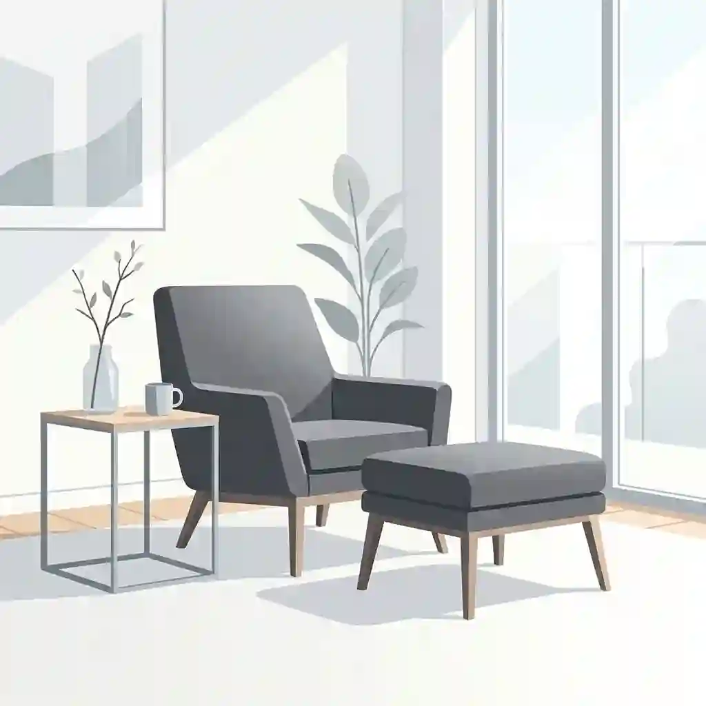 A stylish charcoal gray modern chair and ottoman set placed in a sunlit minimalist living room.