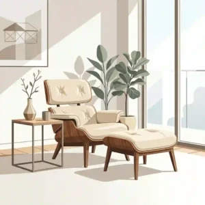 A mid-century inspired modern chair and ottoman with walnut wood legs and cream leather upholstery.