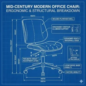 A blueprint illustration showcasing the structural dimensions and ergonomic features of vintage mid century modern office chairs.