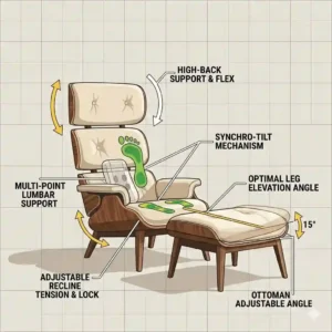 A technical illustration showing the ergonomic design and lumbar support of this modern chair and ottoman.