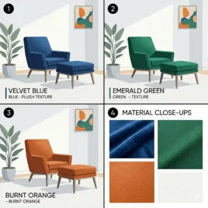 An illustration displaying various fabric colors for the same modern chair and ottoman model.