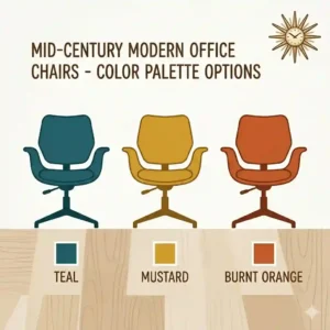 A minimalist graphic displaying various mid century modern office chairs in popular earth-tone upholstery color trends.