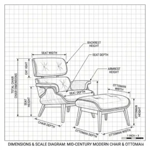 A detailed dimension and scale diagram for a standard sized modern chair and ottoman.