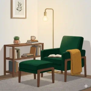 ozy interior scene featuring a modern chair and ottoman paired with a reading lamp and book.