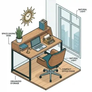 A flat-lay illustration of a compact apartment workspace arranged with a sleek mid century modern office chairs design.