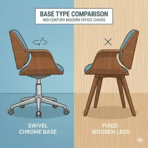 Side by side illustration comparing a mid century modern office chairs base with a shiny chrome swivel against fixed wooden legs.