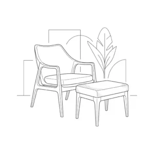 A clean vector line art drawing focusing on the silhouette of a modern chair and ottoman.