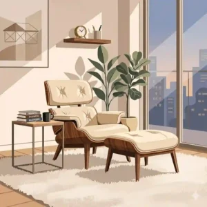 A professional home office lounge area featuring a sleek modern chair and ottoman by a window.
