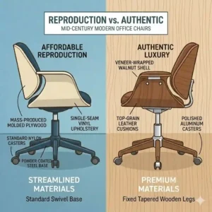 A graphic illustration detailing the visual differences between an affordable reproduction and an authentic luxury mid century modern office chairs.